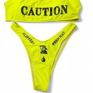 SHEIN Women’s Yellow “Caution Slippery When Wet” Skull Bikini Set Size XL